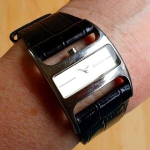 Vintage DKNY Silver and Black Leather Watch